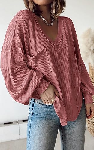 Miniatura 2 de BTFBM - Camisas de punto acanalado con cuello en V para mujer, estilo casual, para otoño, estilo túnica, holgadas, de manga larga, con globo