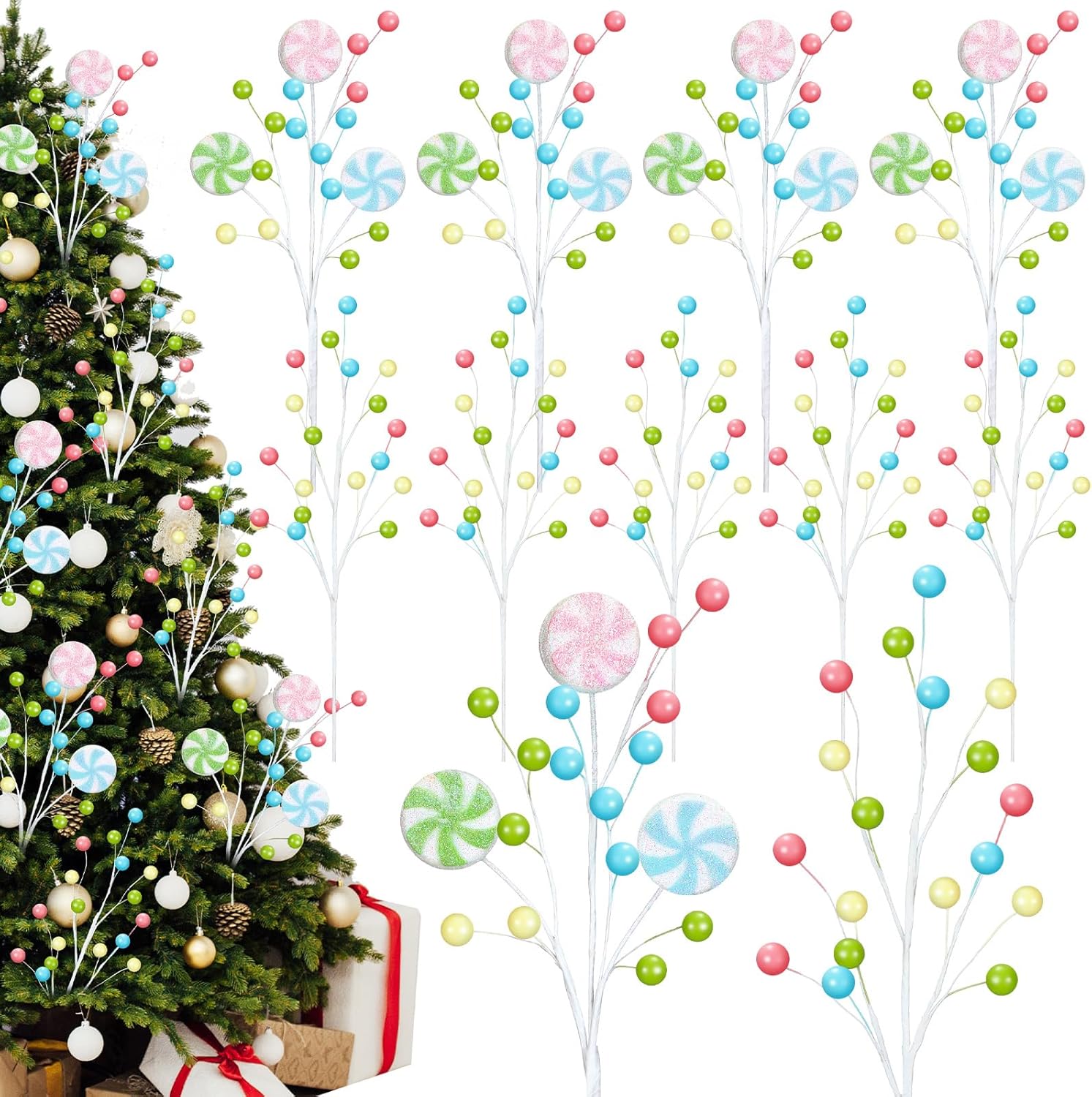 Janinka 12 Pcs 16 Inch Easter Pastel Decoration Easter Tree Picks Glitter Colorful Spring Tree Topper Sticks for Spring Vase Filler Home Table Party Decor