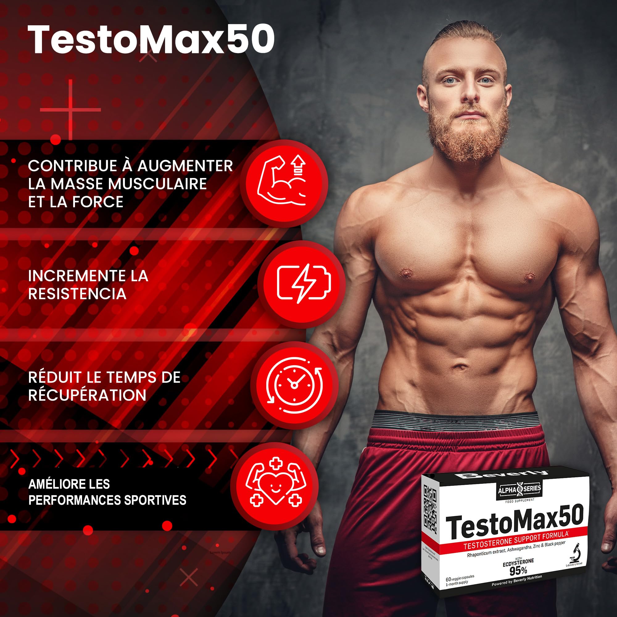 Beverly TestoMax50 – Booster de Testostérone Naturel – 60 Gélules Végétales (60 Portions) – Soutien Masse Musculaire, Force & Performance