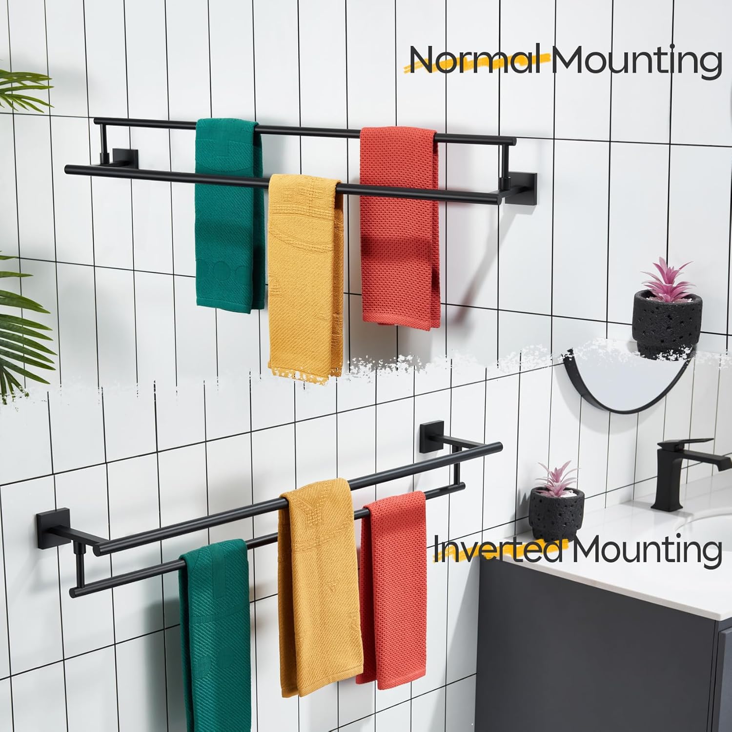 KOKOSIRI 36 Inch Towel Bars Bathroom Towel Racks Towel Rails Bath Towel Rods Towel Ring Towel Holder Towel Hanger Staionless Steel Wall Mounted Matte Black B5009BK-L36+B3010BK