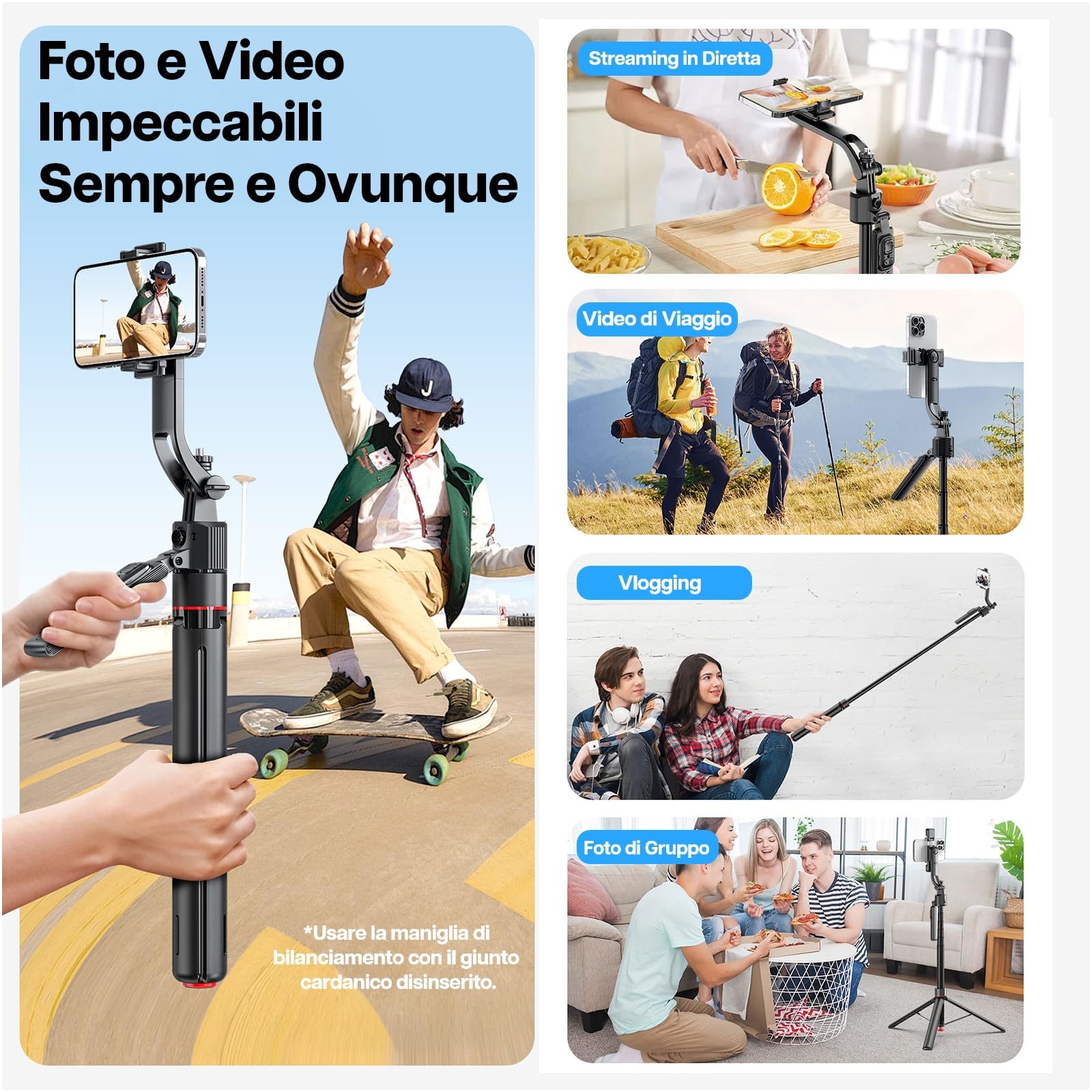 Treppiede per Tracciamento Automatico del Volto di MMOBIEL – 360° Rotazione AI con Controllo Gesti, Bluetooth 5.4 e Telecomando - Estendibile 1,76m, Treppiede Auto-Apertura per iPhone, Android, GoPro