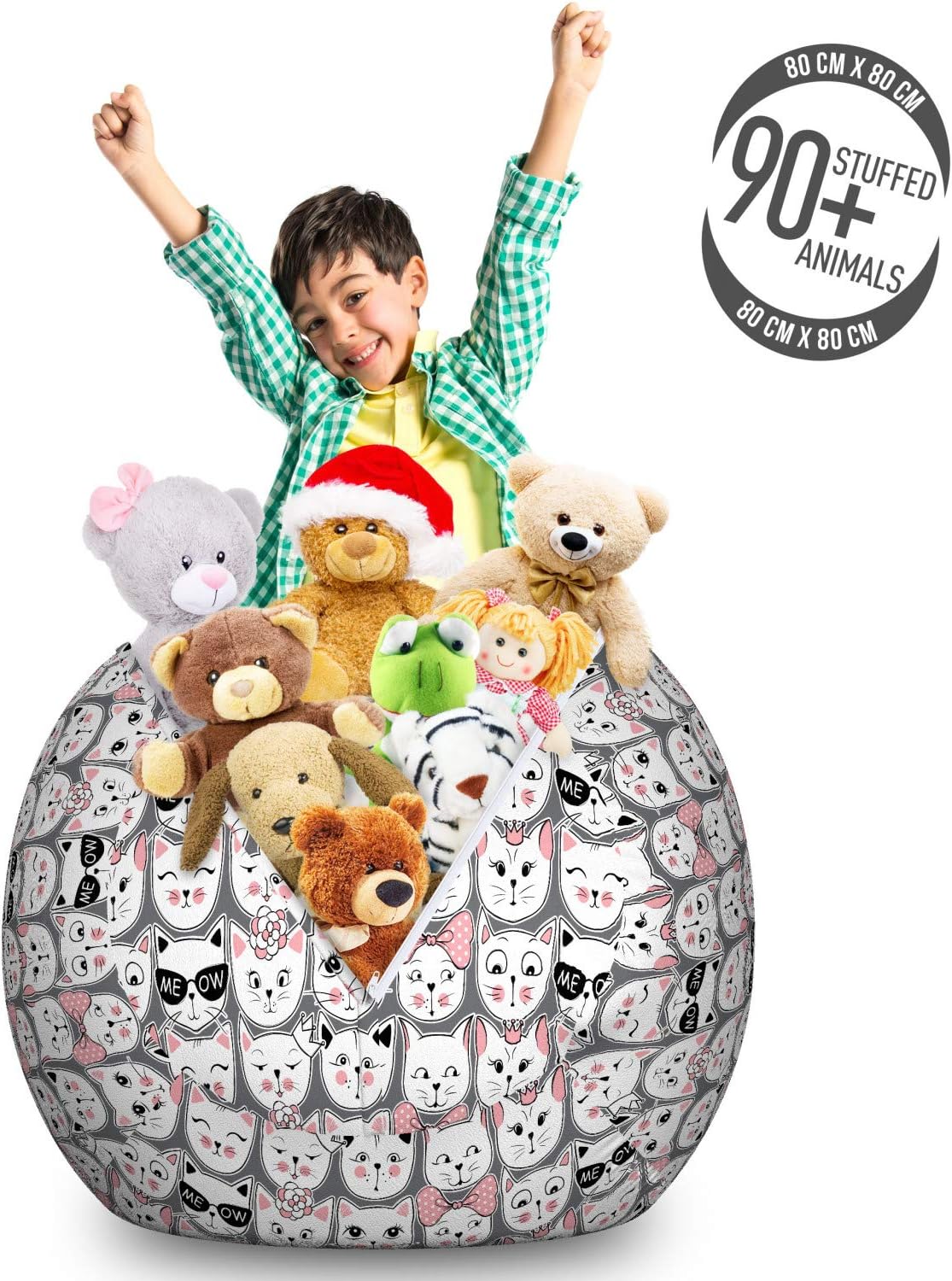 Ambesonne Cat Lover Storage Toy Bag Chair, Doodle Kitties with Accessories Animal, Stuffed Animal Organizer Washable Bag, Large Size, Pale Pink Black