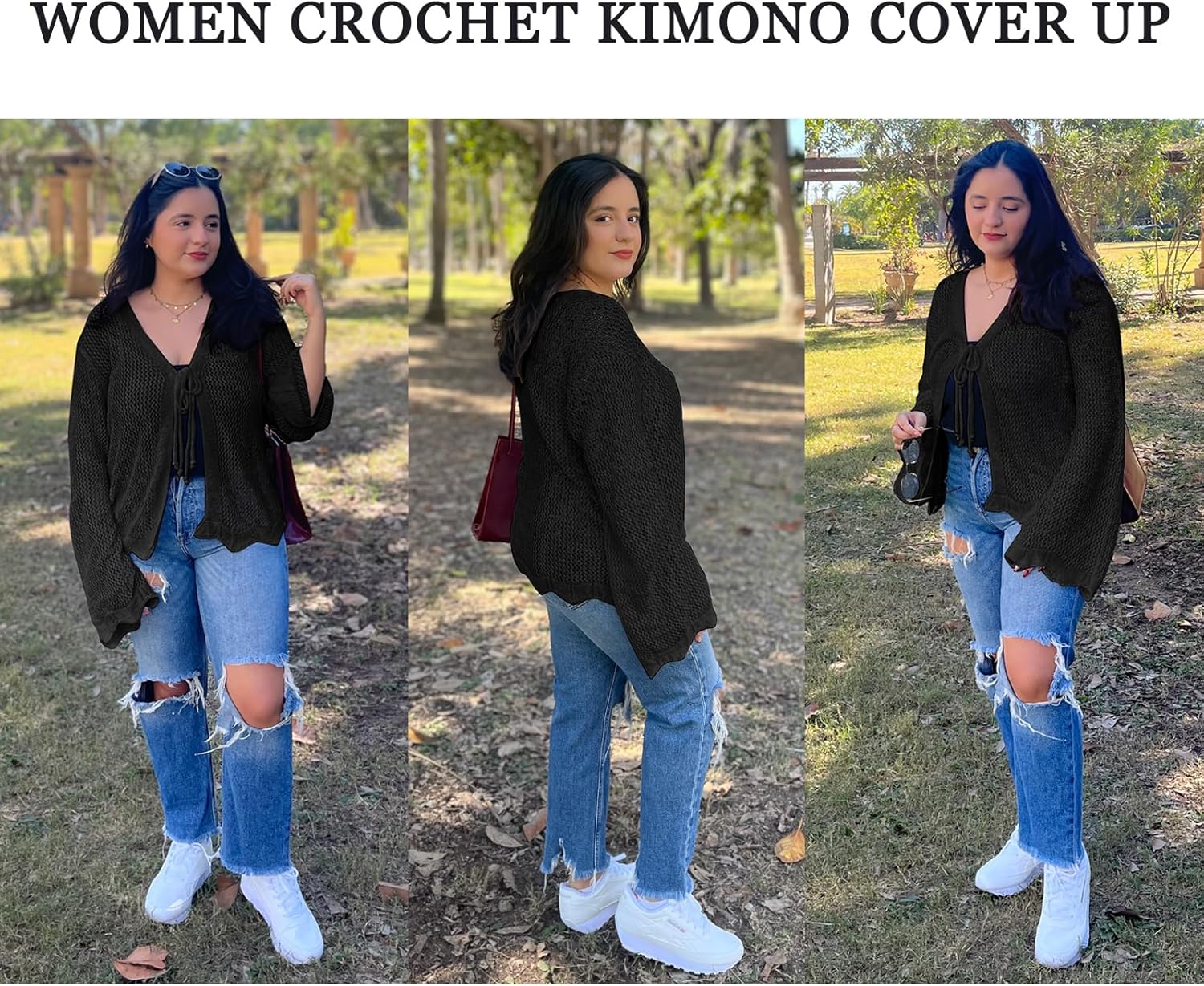 Bsubseach Women Tie Front Crochet Cardigan Lightweight Summer Knit Cardigans Long Sleeve Beach Cover Up - Image 2