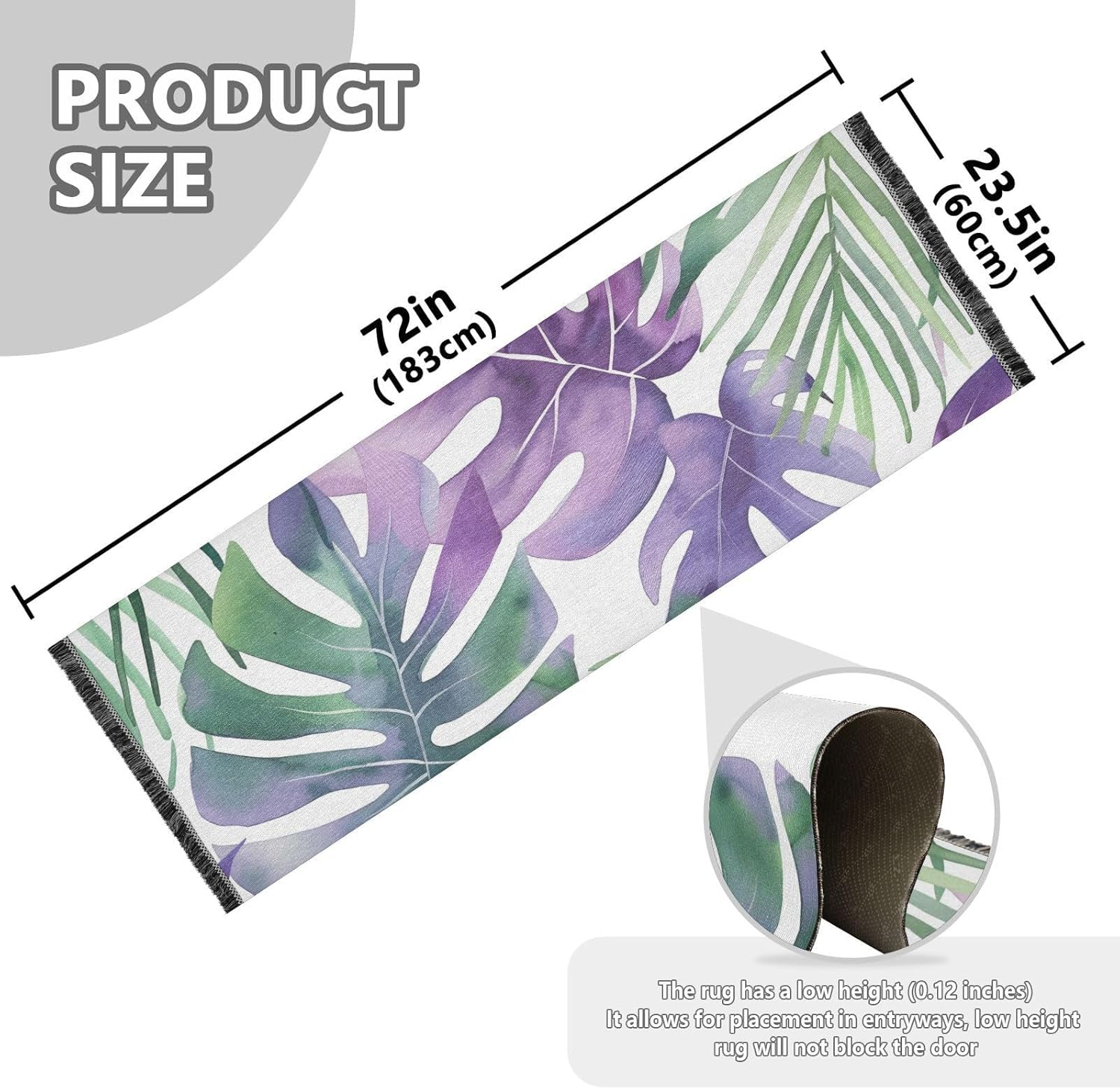 Non Slip Runner Rug Washable Area Rugs Green-Purple Tropical Leaves Carpet for Hallways Kitchen Laundry Room Bedroom