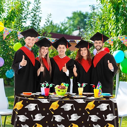 Miniatura 6 de AnyDesign Mantel de graduación 2023, paquete de 3 manteles rectangulares de 54 x 108 pulgadas, color negro, dorado y plateado, mantel de graduación