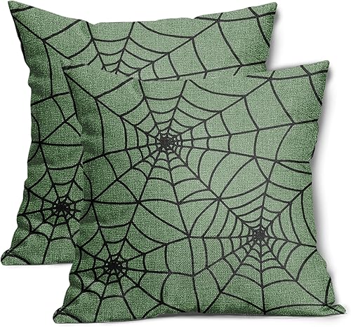 Kawani Juego de 2 fundas de almohada verdes de Halloween de 20 x 20 pulgadas, fundas de almohada cuadradas decorativas de tela de araña negra,
