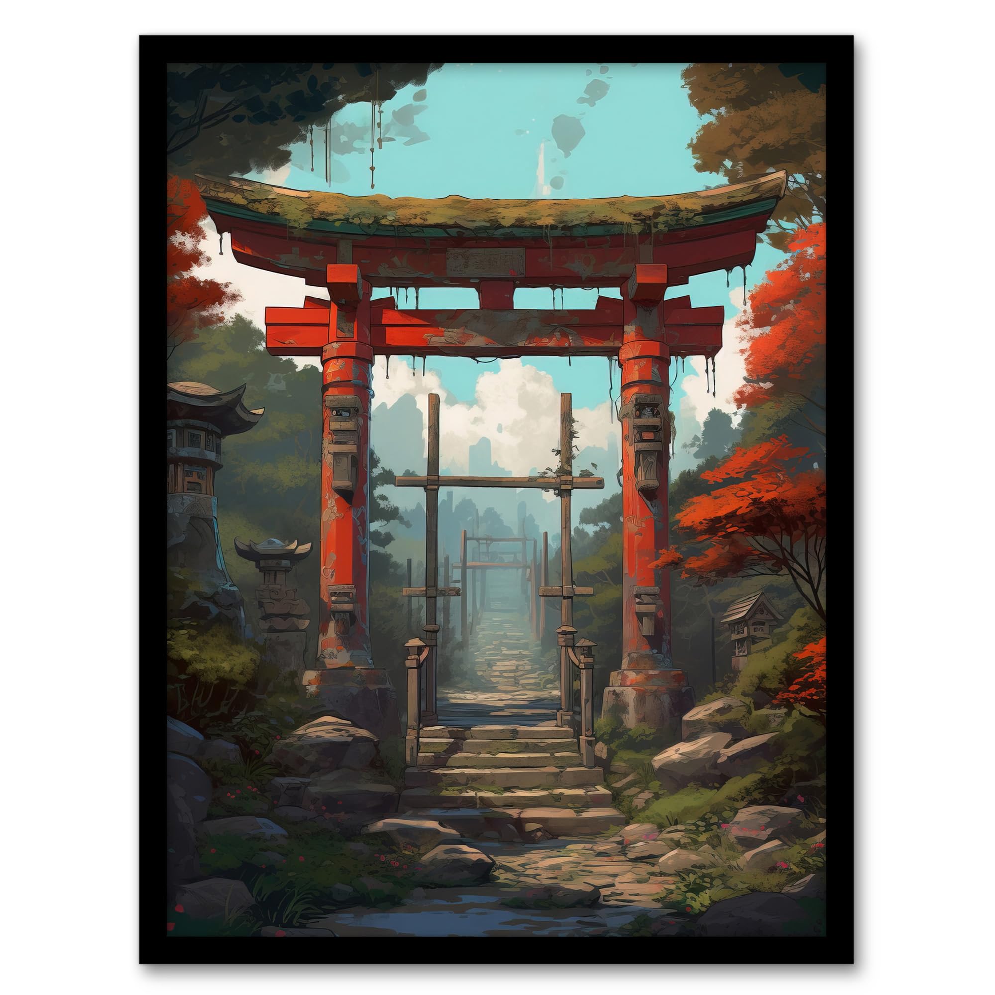 Artery8 Red Torii Gate Leading to Shinto Shrine in Forest Painting Steps to Sacred Grounds Temple in Tranquil Landscape Artwork Framed Wall Art Print A4