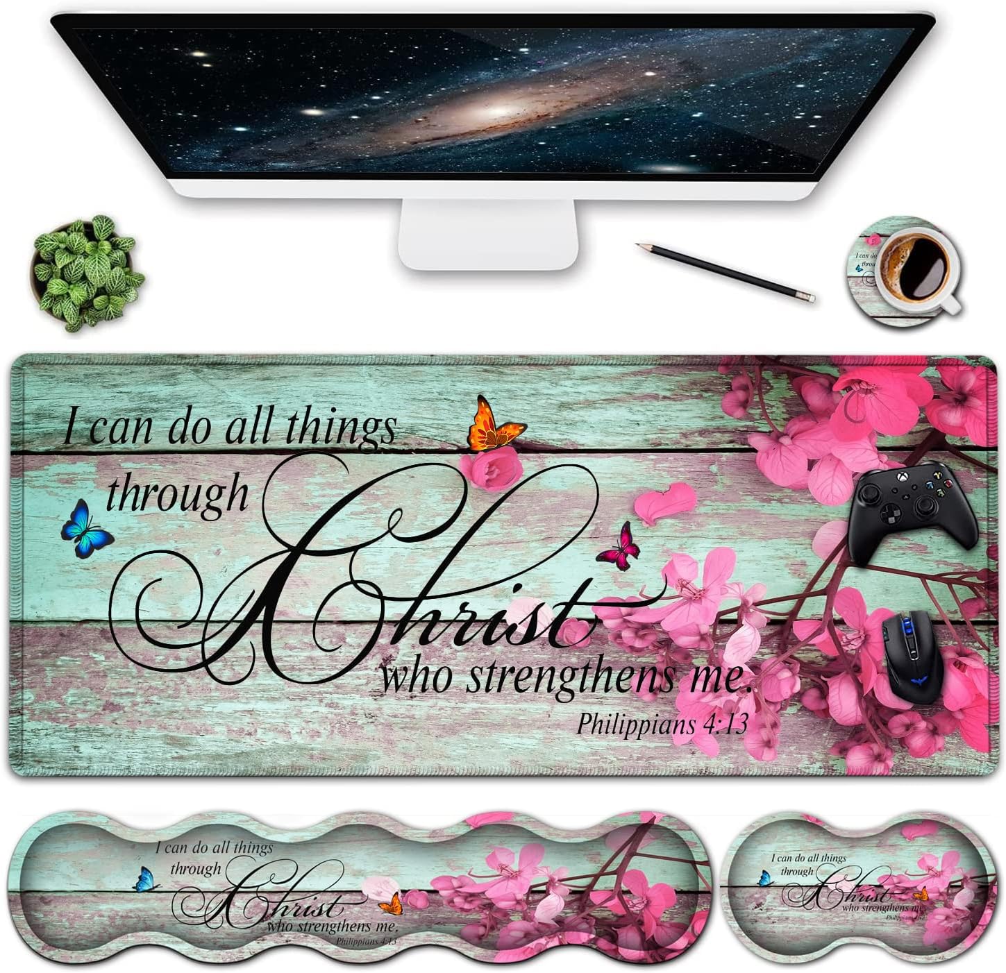 Ergonomics Keyboard Mouse Pad Set, Memory Foam Keyboard Wrist Rest Support,XXL Extended Big Wireless Gaming Mouse Mat 31.5x11.8 in Desk Pad, Philippians 4:13 & Red Flowers Large Mouse Pad
