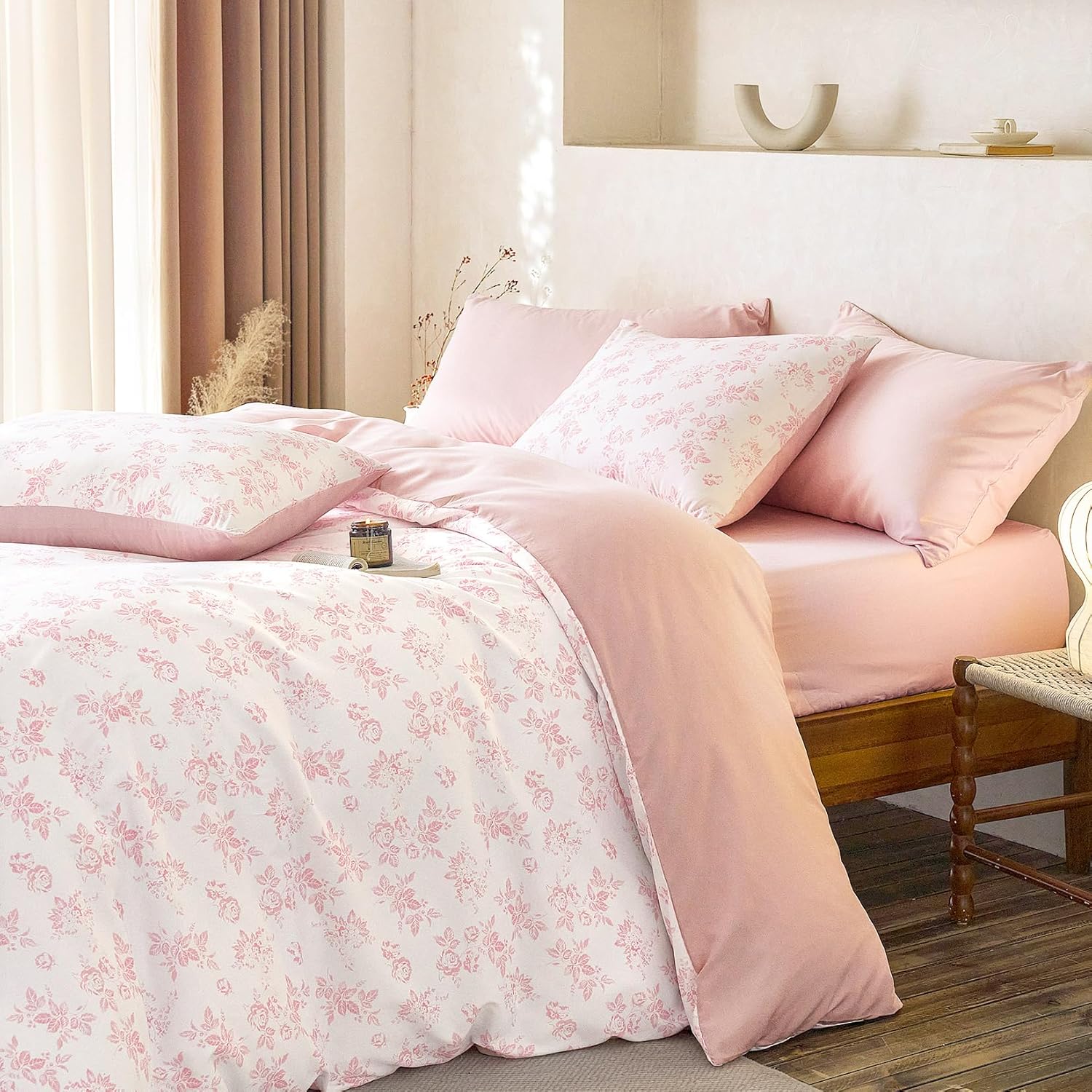Wake In Cloud - Cottagecore Comforter Set, Floral Vintage Flower Shabby Chic Coquette Aesthetic for Women Teen Girls, Soft Lightweight Dorm Bedding, 3 Pieces, Pink, Twin/Twin XL Size - Image 6