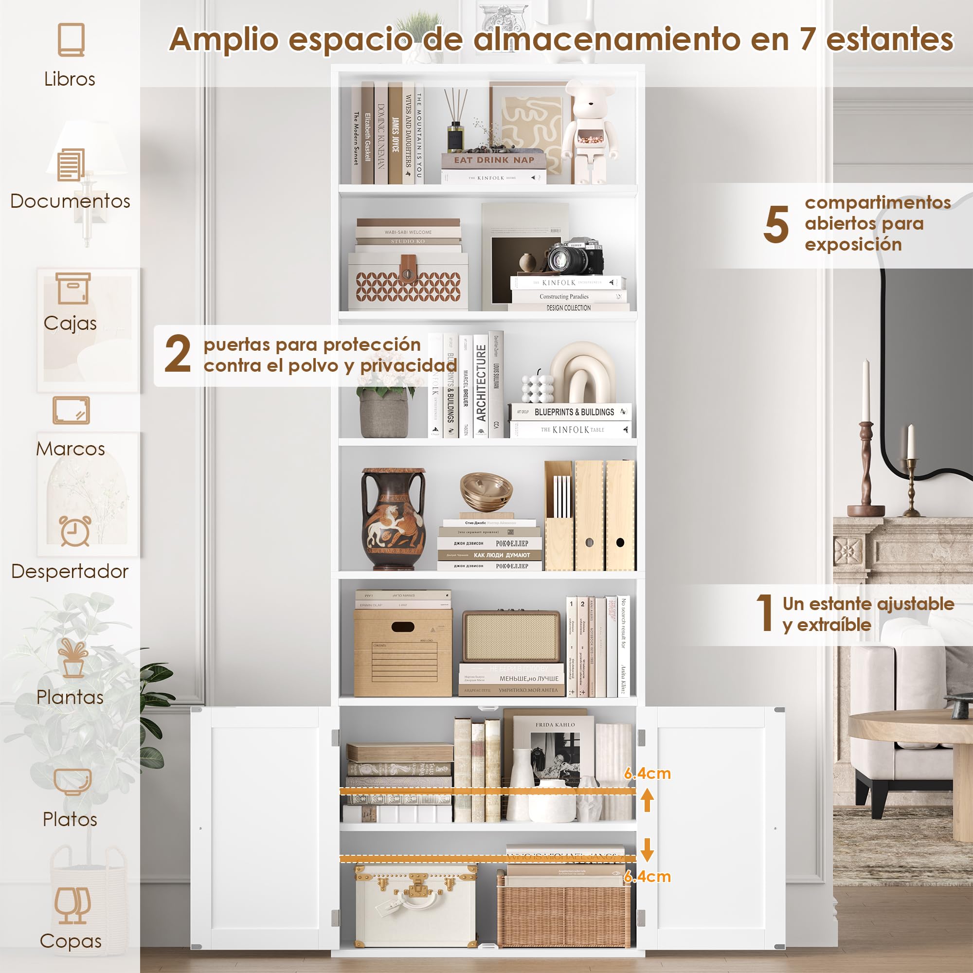 FirFurd 209cm Libreria Estanteria, 5 Compartimientos, Estantería, 2 Puertas | Librería Salón, Estantes Ajustables, Estantería Libros, para Salón, Estudio, Oficina, 60x23.5x209cm