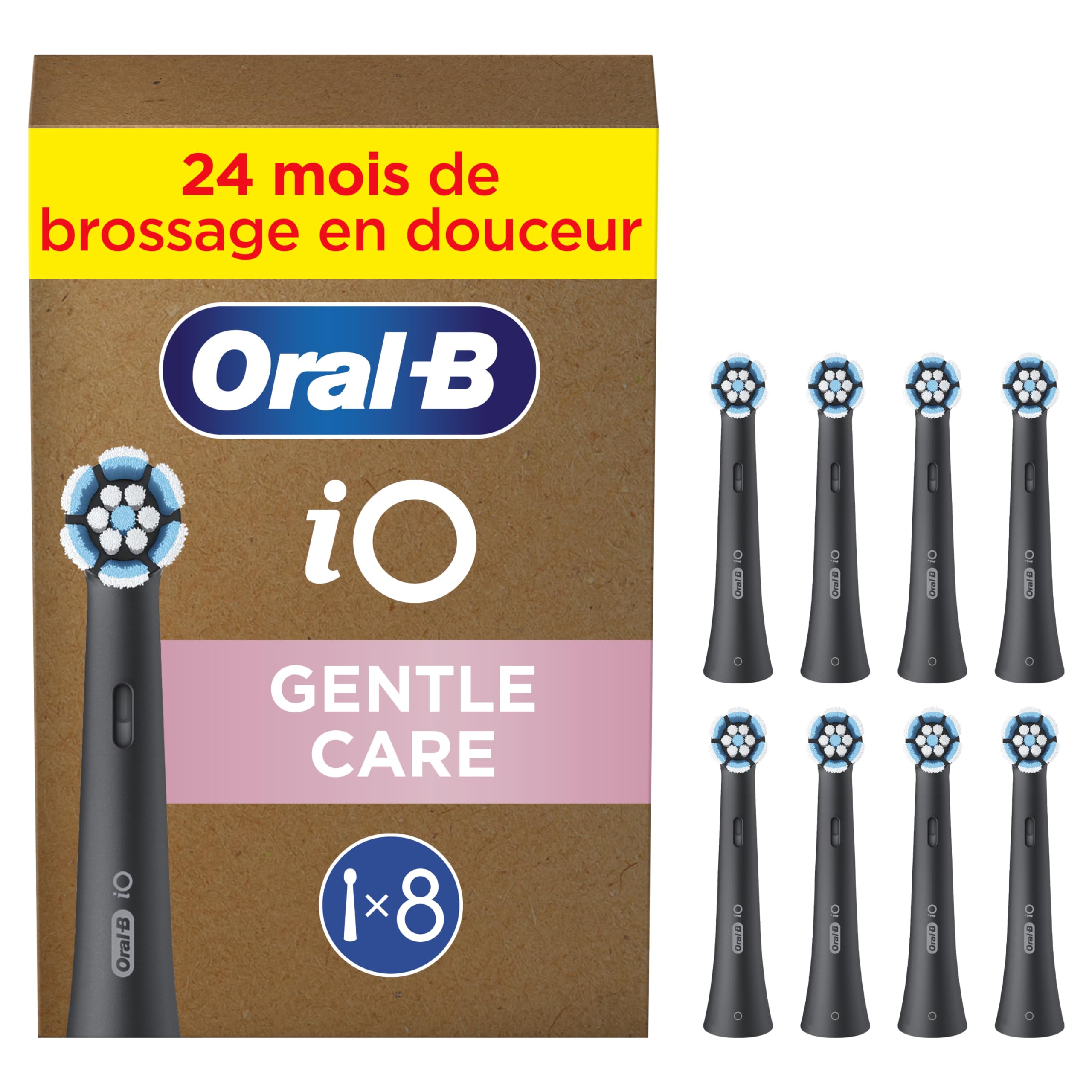 Oral-B Brossettes de Rechange Gentle Care, lot de 8, Noires | Recharges Brosse à Dents Électrique iO, 4000 Brins Souples pour un Brossage Doux sur les Gencives, Emballage en Carton
