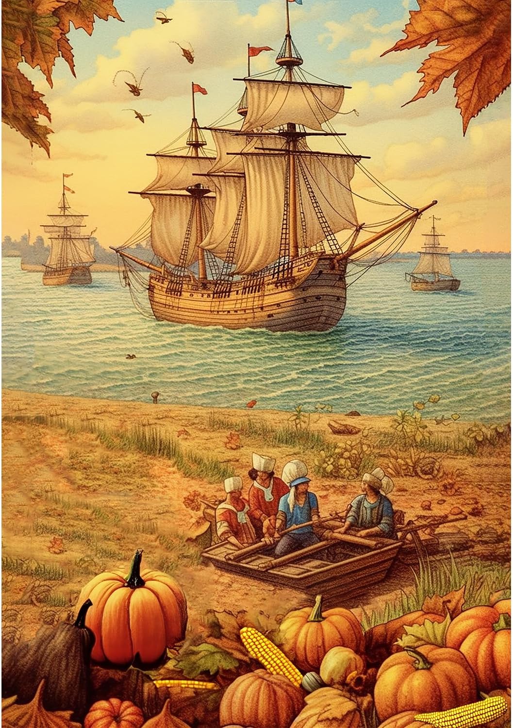 America Forever Fall Thanksgiving House Flag 28 x 40 inch Harvest Pumpkins Mayflower Ship Pilgrim Large Double Sided for Outside Welcome Seasonal Autumn Yard Decoration