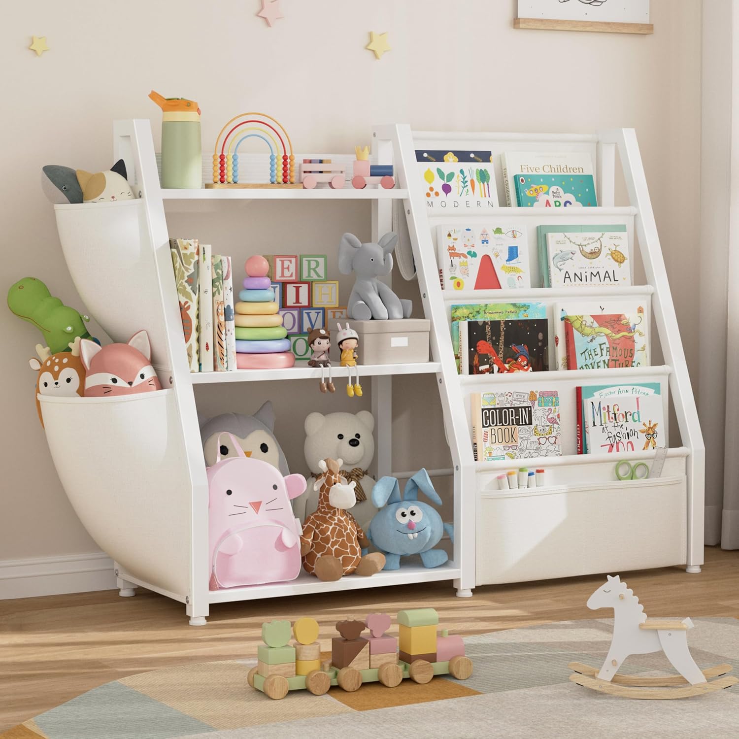 Kids Bookshelf and Toy Storage - Toy Organizer with Book Shelf 3 Tier Floor Small Sling Bookcase Bedroom Nursery Kids Room Playroom, White (KB05-2W)