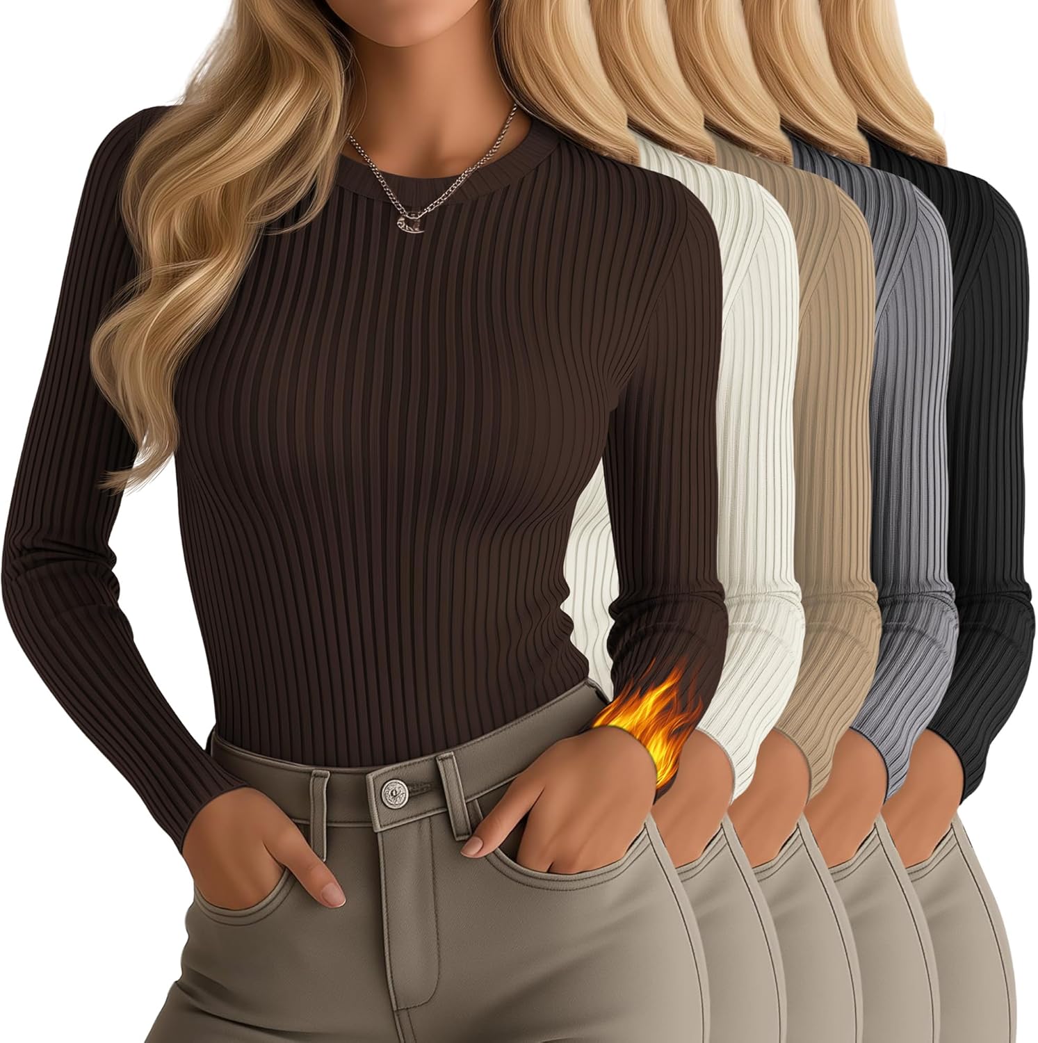 5 Pack Women's 90% Cotton Thermal Shirts Long Sleeve Ribbed Fleece Lined Underwear Tops Slim Fit Warm Base Layer