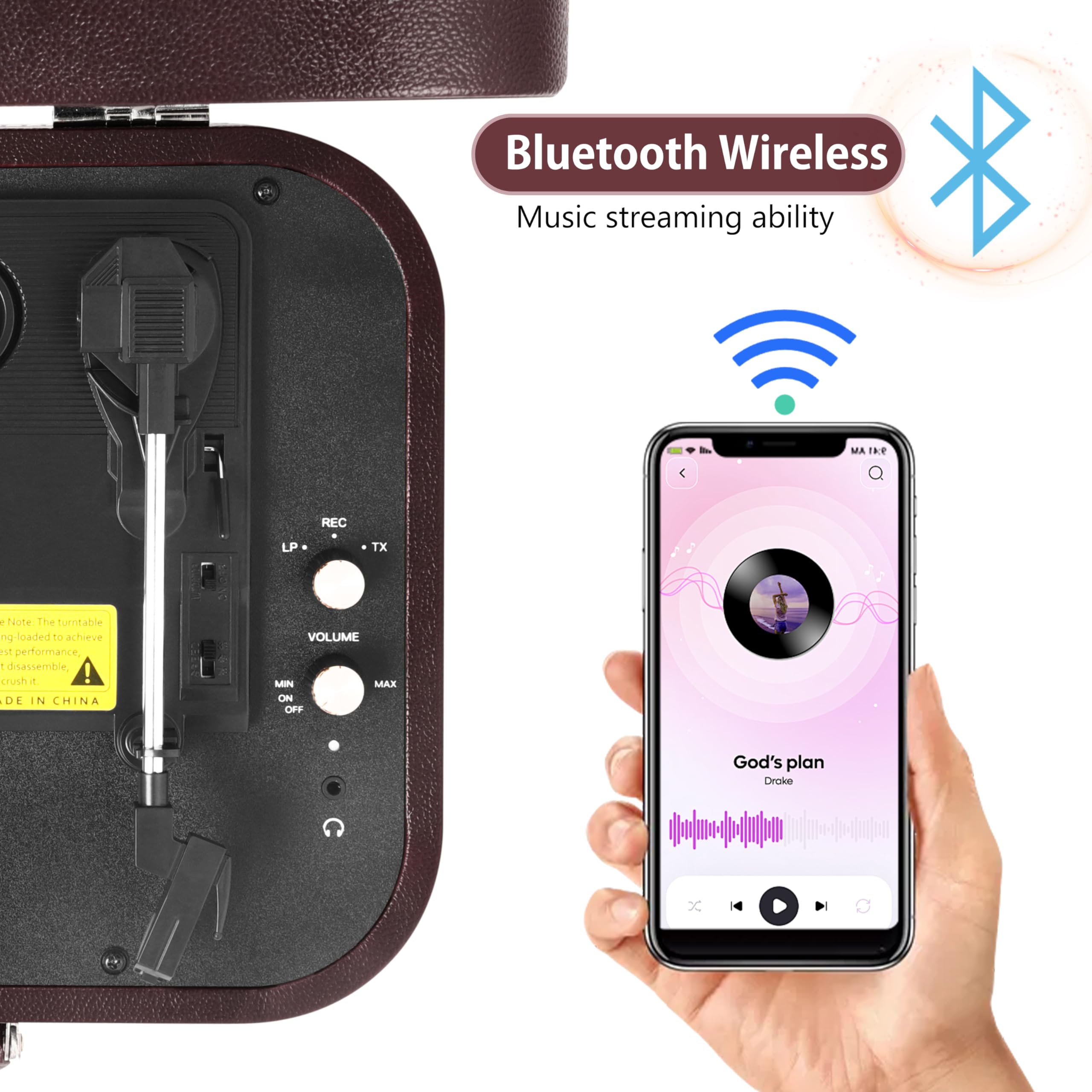 Giradischi Vinile, VOKSUN Giradischi Portatile Vintage con Altoparlanti Incorporati, Bluetooth In/Out Lettore LP Vinile con 3 Velocità, Valigia USB, In AUX, Linea RCA, Jack Cuffie, Auto-Stop (Rosso)