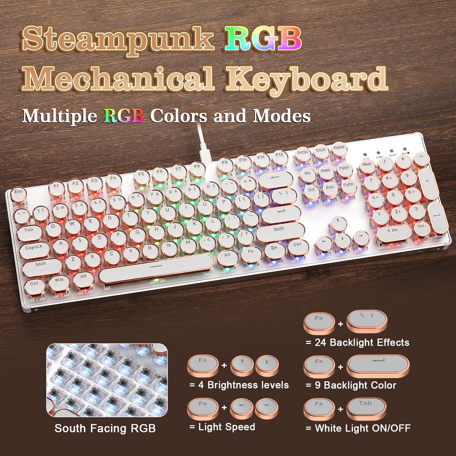 YUNZII QL108 Mechaniczna Klawiatura Gamingowa w Stylu Maszyny do Pisania, Hot Swappable Podświetlane RGB Klawiatury, Przewodowa Klawiatura Komputerowa USB (Srebrne, Onyx Gray Tactile Switch)