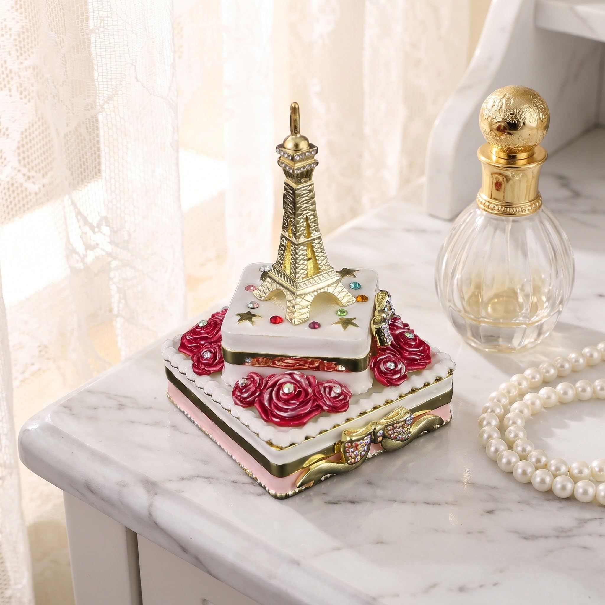 Caja de baratijas de esmalte pintado para decoración del hogar, con forma única de la Torre Eiffel, organizador de joyas coleccionable para guardar anillos, pendientes y collares.