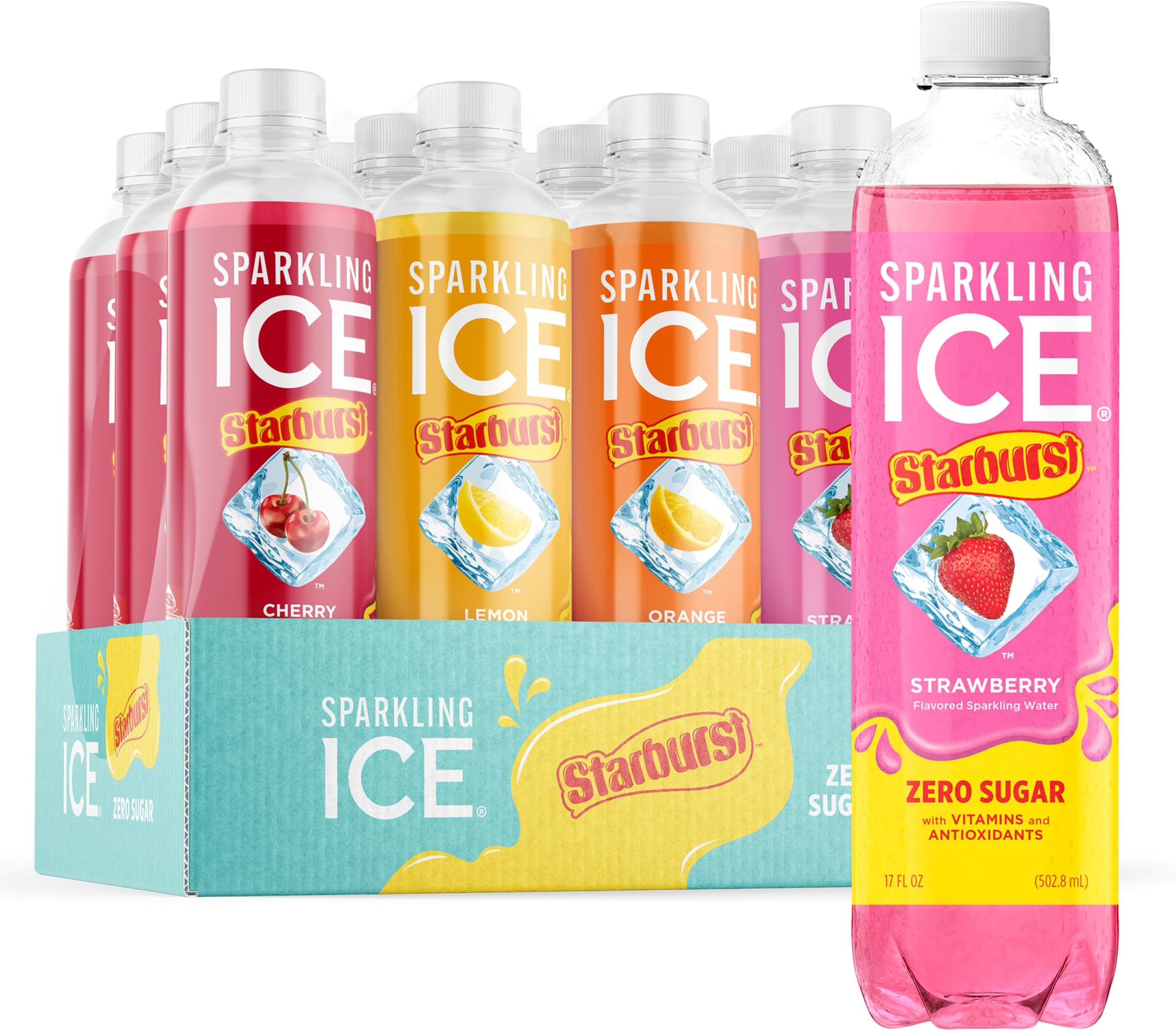 Sparkling Ice STARBURST Variety Pack, Zero Sugar Flavored Sparkling Water, with Vitamins and Antioxidants, Low Calorie Beverage, 17 fl oz, 12 count (Cherry, Strawberry, Lemon, Orange)