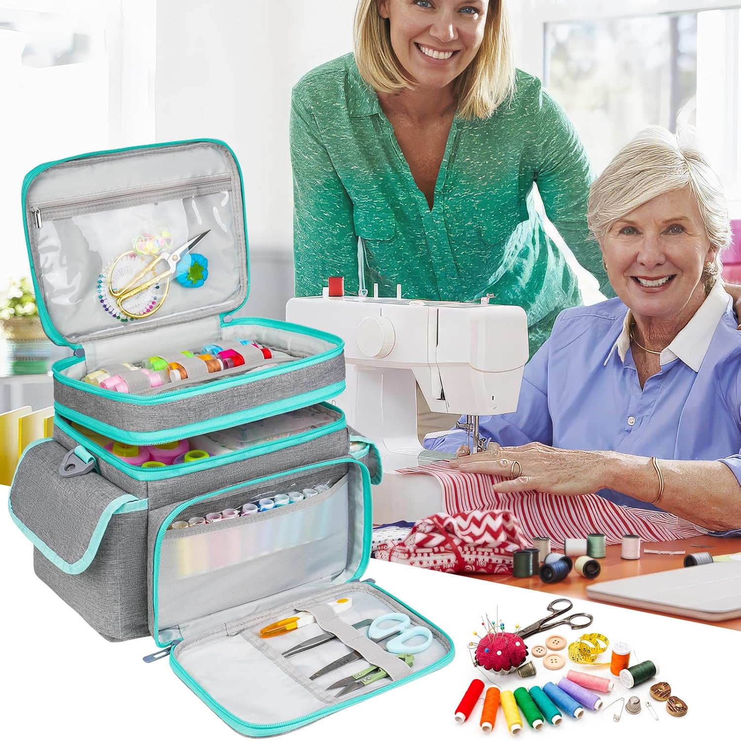 LEFOR·Z Small Sewing Supplies Organizer,Double-Layer Sewing Accessories Storage Bag,Protable Travel Sewing Box Sewing Basket for Sewing Tools,Grey(10.5 x 8 x 9inch) Bag Only