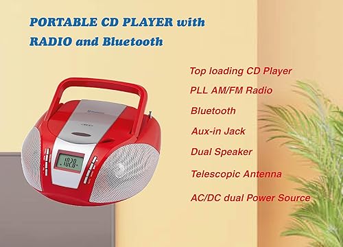 Miniatura 2 de HANNLOMAX Boombox de CD portátil HX-322CD con radio, radio AMFM, Bluetooth, entrada auxiliar, fuente de alimentación dual ACDC (batería no incluida)
