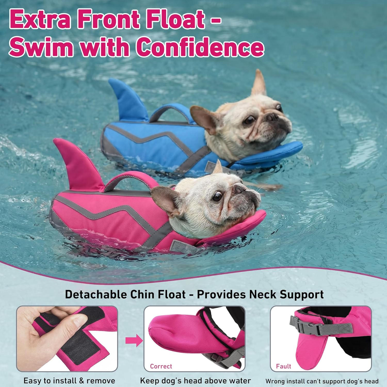 Petglad Shark Dog Life Jacket, Adjustable Dog Life Vest with Chin Float & Handle, Ripstop High Buoyancy Swim Vest for Small Medium Large Dogs - Pink, S