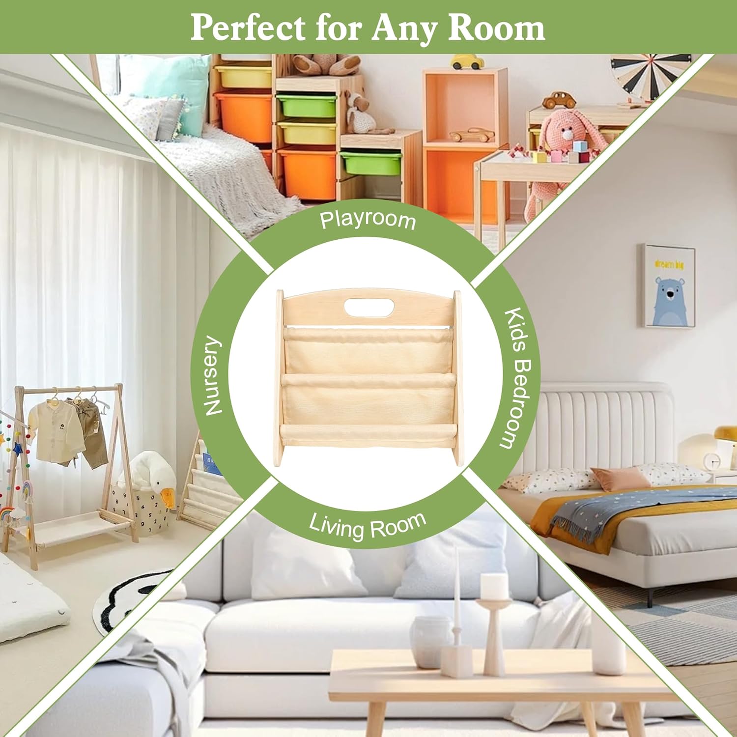 AZSKY Double-Sided Toddler Bookshelf for Kids, Montessori Bookshelf to Display Books, Sling Book Rack Organizer, Playroom Classroom Nursery Book Shelves, Wooden Kid Bookcase for Baby Girl Boy（Beige）