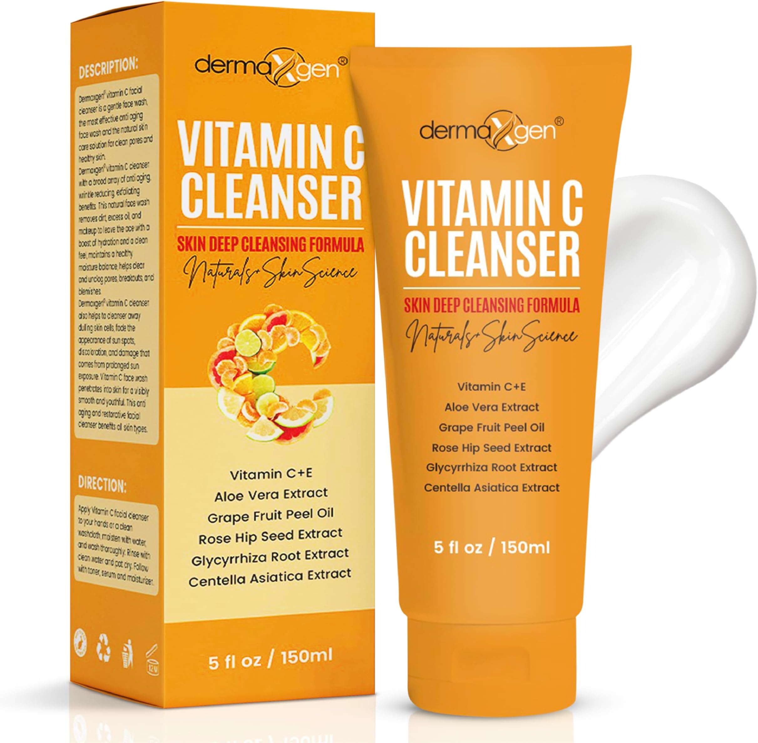 Vitamin C Facial Cleanser With Rose Hip Seed Oil and Aloe Vera Natural Pure and Organic Ingredients, 5.0 oz. / 150 ml