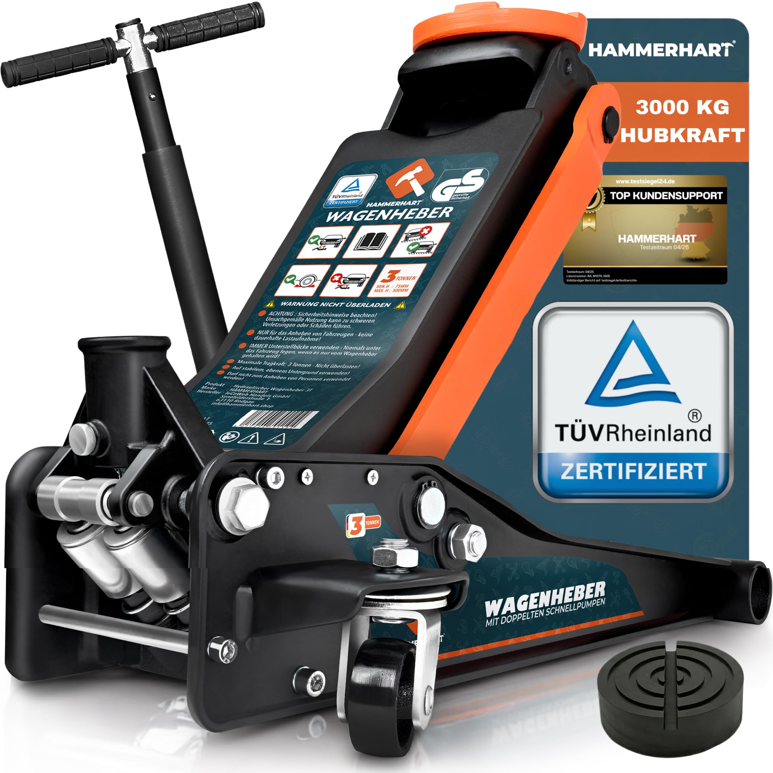 HAMMERHART - Hydraulischer Wagenheber 3T | TÜV geprüfter Rangierwagenheber mit 75-505mm Hubhöhe | Premium Wagenheber flach mit 360° Rollen & Doppelkolben | Jack [Testsieger] mit Gummiauflage & T-Griff
