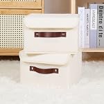 ANMINY 2PCS Boîtes de rangement avec couvercle PU Poignées en cuir Boîtes de rangement PP Tableau en plastique décoratif pliable tissu de lin de coton plié Accueil Cubes Paniers Étui Organisateur Conteneurs - Beige, petite taille