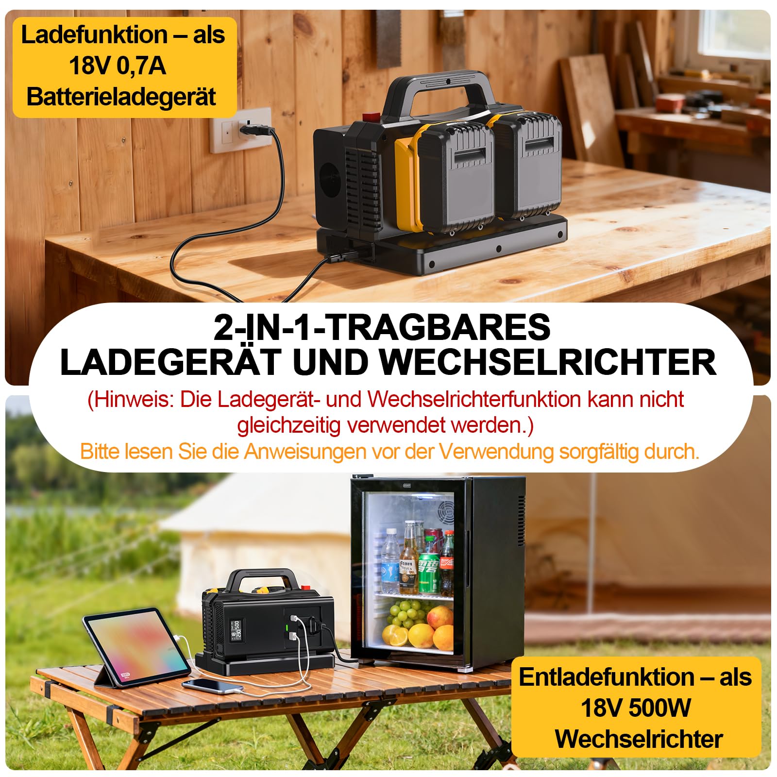 2-in-1 Wechselrichter Ladegerät für DeWalt 18V Akku, 500W Spannungswandler, 2-Port DC 18V Auf AC 230V Reiner Sinus Wechselrichter, Stromwandler für Camping, Wohnmobil(Batterie Nicht Enthalten)
