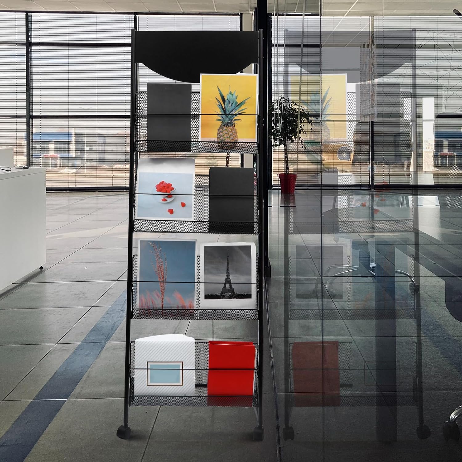 Thickened Floor Standing Magazine Rack with Wheels, Black round Head Brochure and Newspaper Holder, Sturdy Literature Display Stand for Office, Home, and Exhibition Use