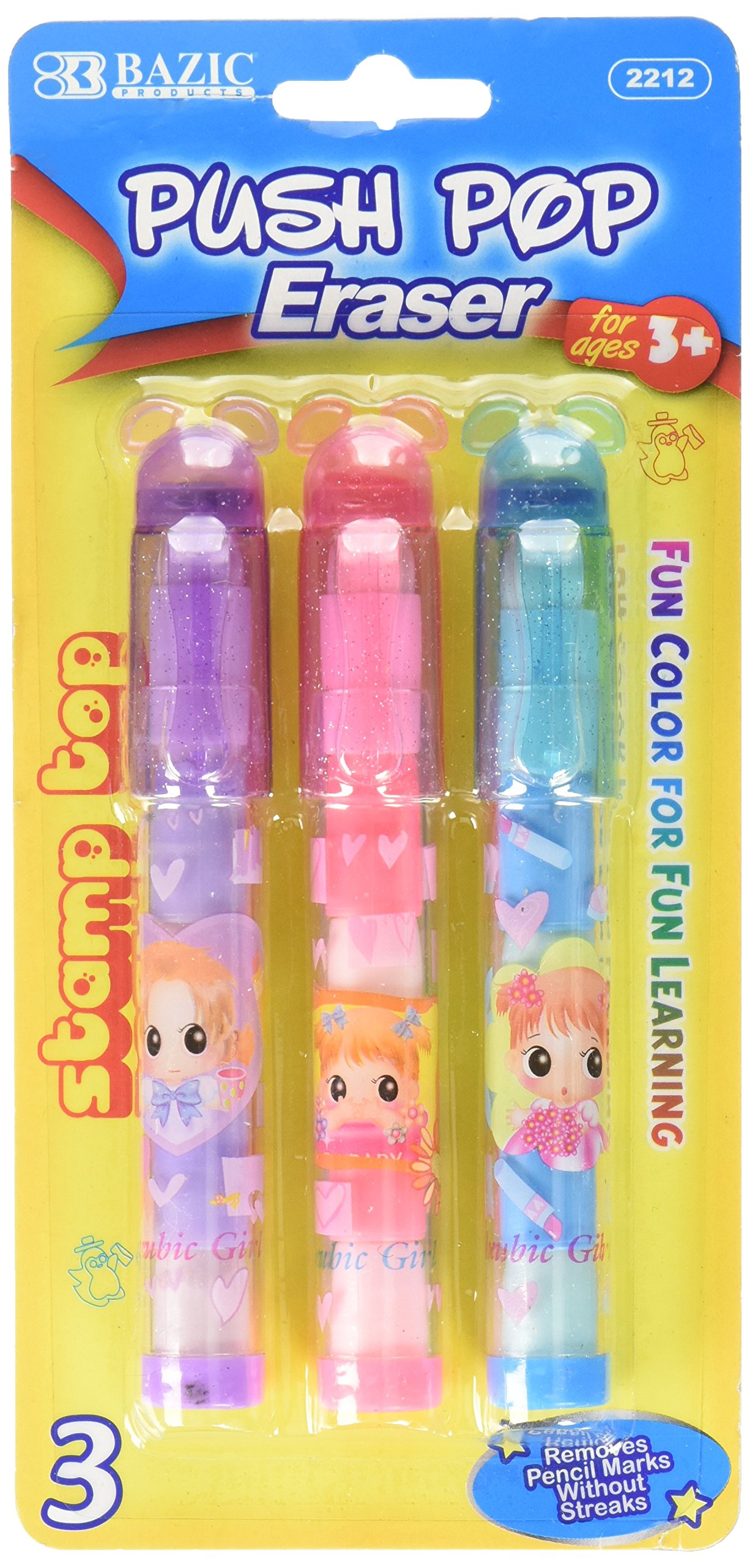 BAZIC Fancy Push-Pop Pencil Eraser w/ Stamp Top (3/Pack)