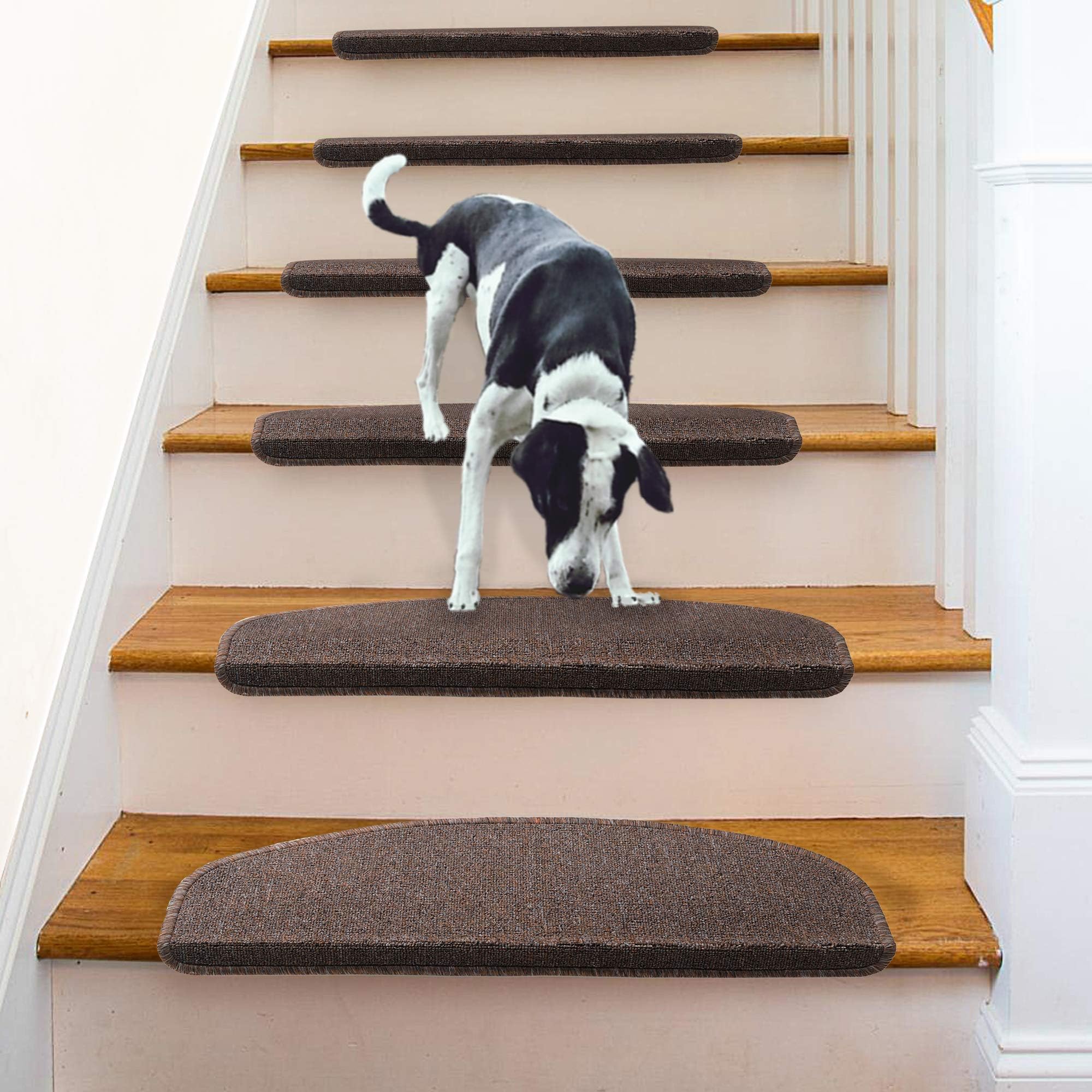 Aucuda Comme Rug Non-Slip Brown Tread Bullnose Carpet Indoor Durable Mat Self Adhesive Protectors for Dogs and Kids Set of 13 Modern Stair Cover for Hard Floor Staircase 9Inch x 26 Inch