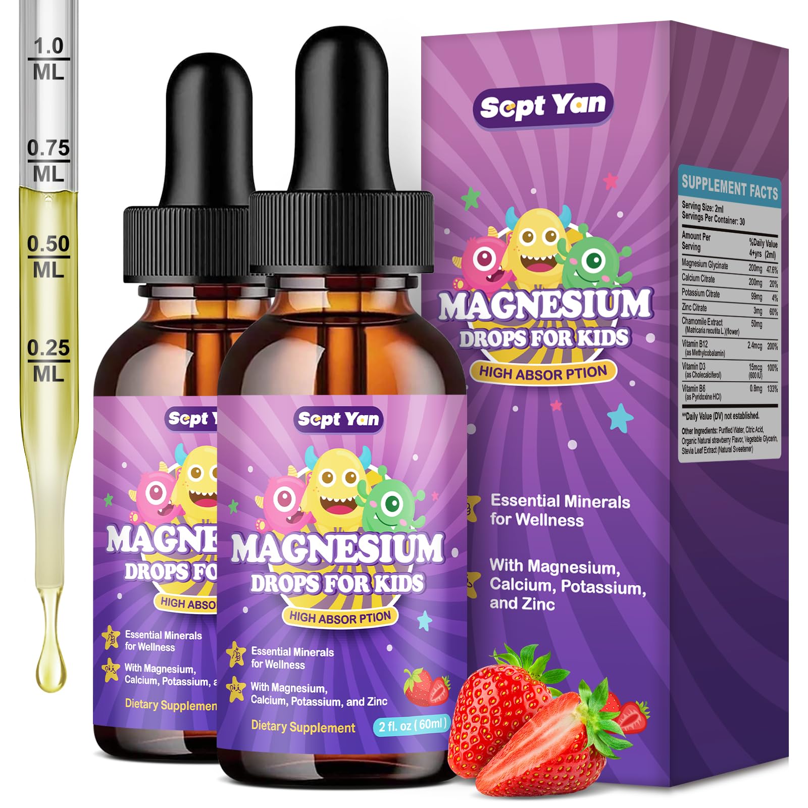 Magnesium Glycinate Liquid for Kids – Liquid Magnesium Glycinate with Zinc, Chamomile, Vitamin B12, B6, D3 – Calm Drops for Sleep, Relaxation, Calm & Focus –Strawberry Flavor, 4 Fl Oz Strawberry 4 Fl Oz (Pack of 1)