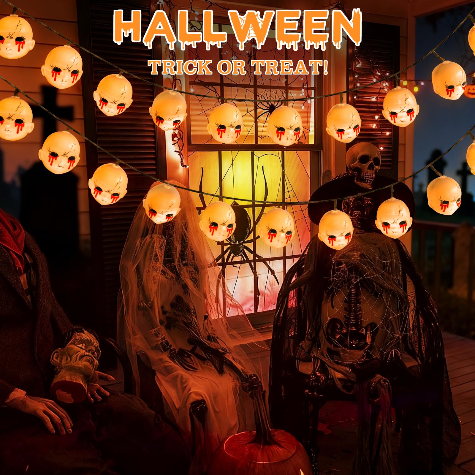 Cadena De Luces Halloween - 20 Fantasmas LED, 3 Metros, Modo Fijo/Parpadeo, Pilas (No Incluidas)