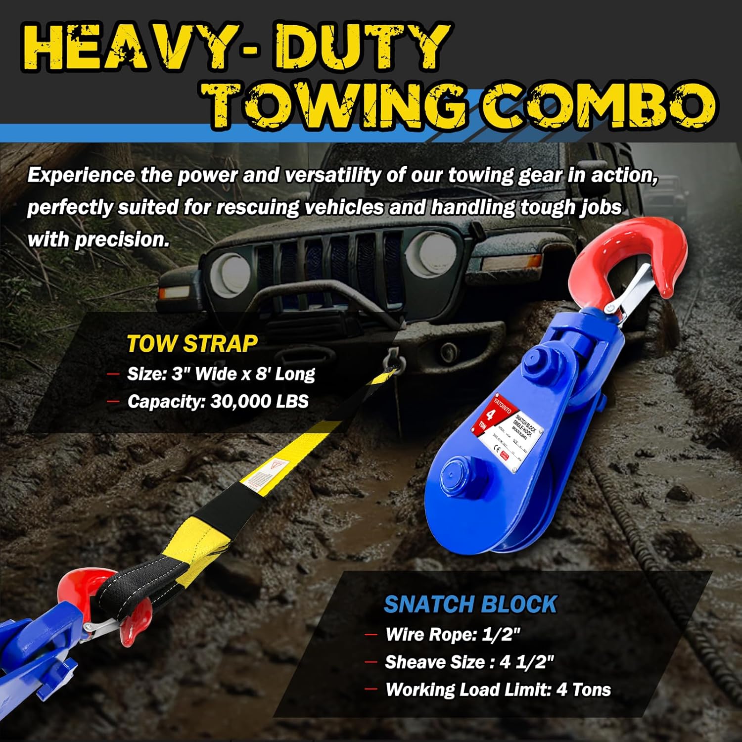 4 Ton Snatch Block with Swivel Hook for 1/2" Wire Rope, 4 1/2" Single Sheave Pulley w/ 8' Heavy-Duty Tow Strap 30,000lbs Capacity, for Recovery, Towing Operations and ATV Plowing - Image 2