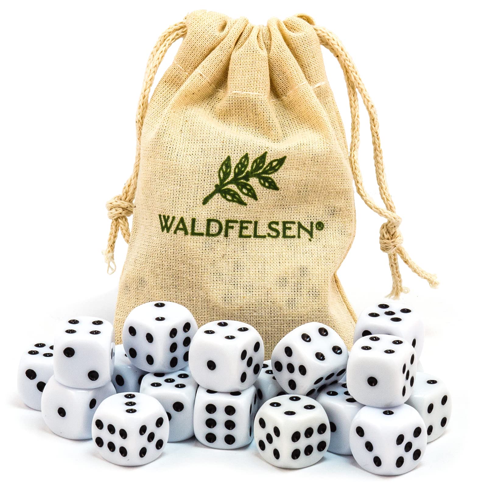 Waldfelsen® 20 High-Quality White Dice Standard Size 16 mm Acrylic Cube Puzzle Dice 6-Sided Hexagonal Play Accessory Set with Fabric Bag