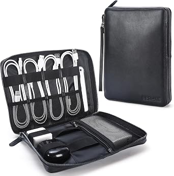 Polare Full Grain Leather Travel Cable Organizer Case Electronics Accessories Carry Bag with YKK Zippers Tech Storage Bag for Cables, Power Bank, USB, SD Card, Travel Essentials