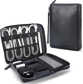 Polare Full Grain Leather Travel Cable Organizer Case Electronics Accessories Carry Bag with YKK Zippers Tech Storage Bag for Cables, Power Bank, USB, SD Card, Travel Essentials (Black)