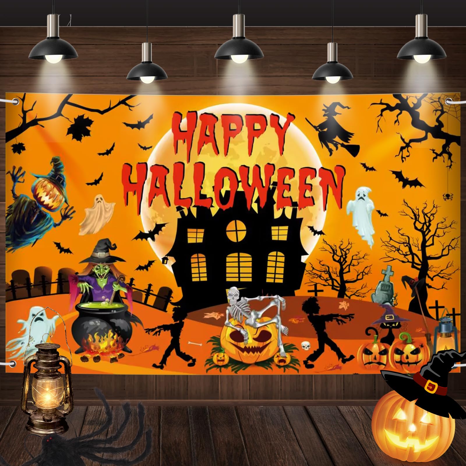 Happy Halloween Banner, Large Fabric Halloween Party Backdrop, Hellowen Background with Pumpkin Castle Pattern, Halloween Hanging Banner Halloween Decorations for Halloween Indoor Outdoor Party Decor