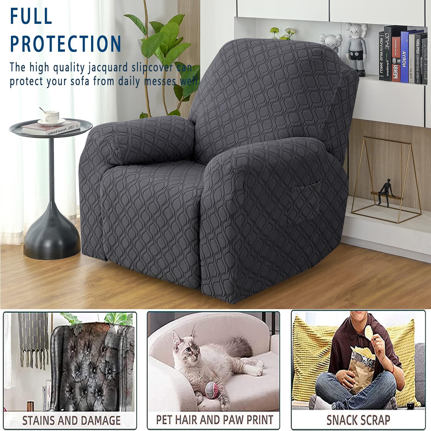 Topchances Recliner Chair Covers - Super Soft Stretch Chair Cover with Side Pocket, Furniture Protector (Jacquard Dark Grey) - Image 2