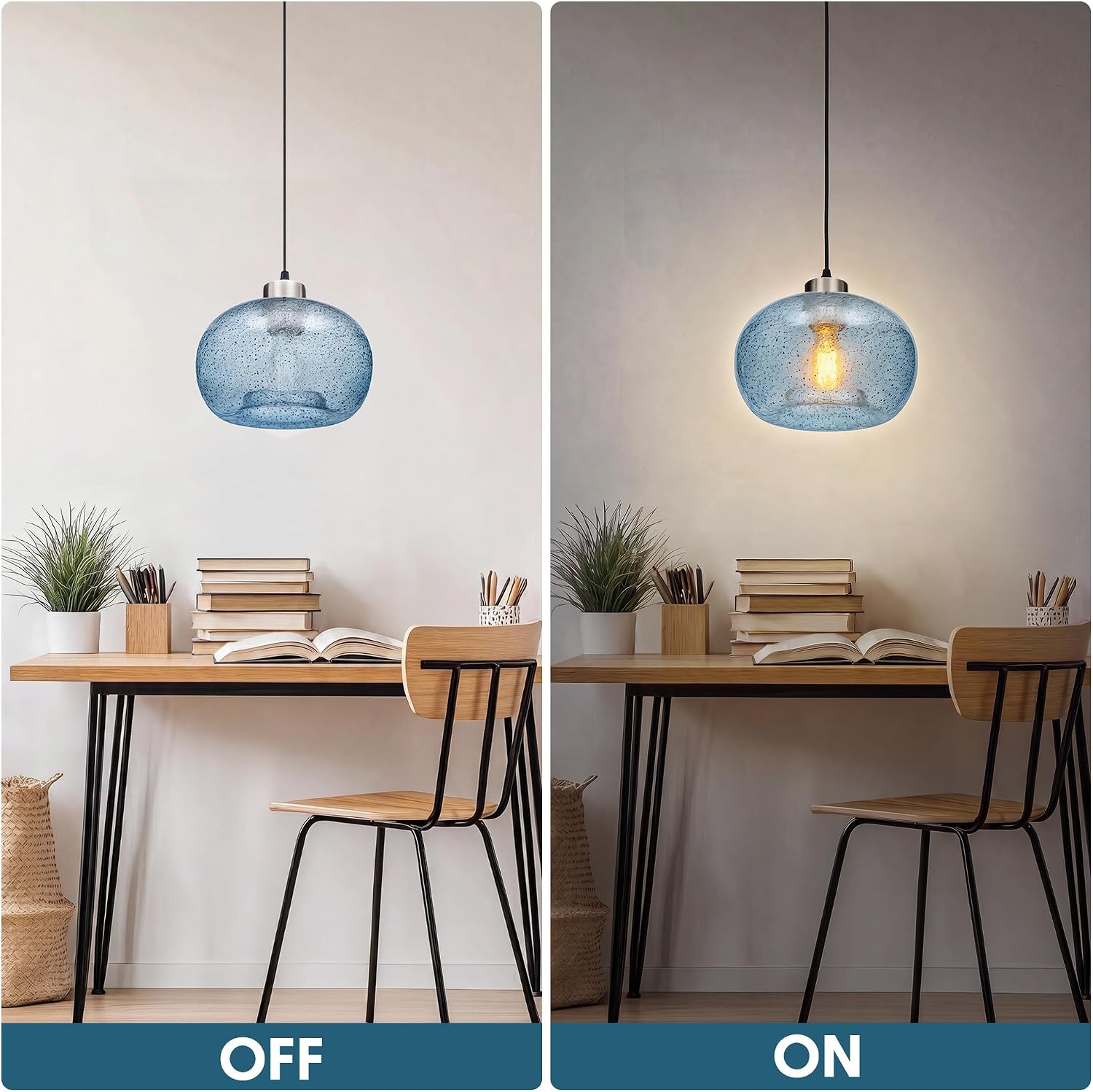 Modern Hand Blown Pendant Lights Kitchen Island, Blue Seeded Glass Pendant Light Fixtures, Brushed Nickel Globe Ceiling Hanging Light Fixture Foyer Entryway Dining Room