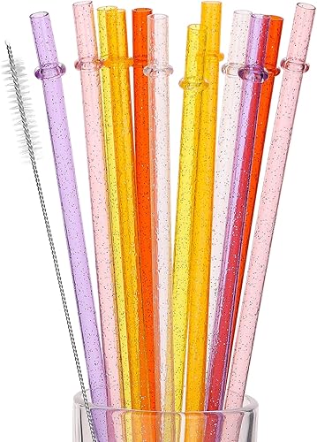 12 pajitas de plástico reutilizables, pajitas de plástico coloridas, sorbete duro de 11 pulgadas de largo con cepillo de limpieza, seis
