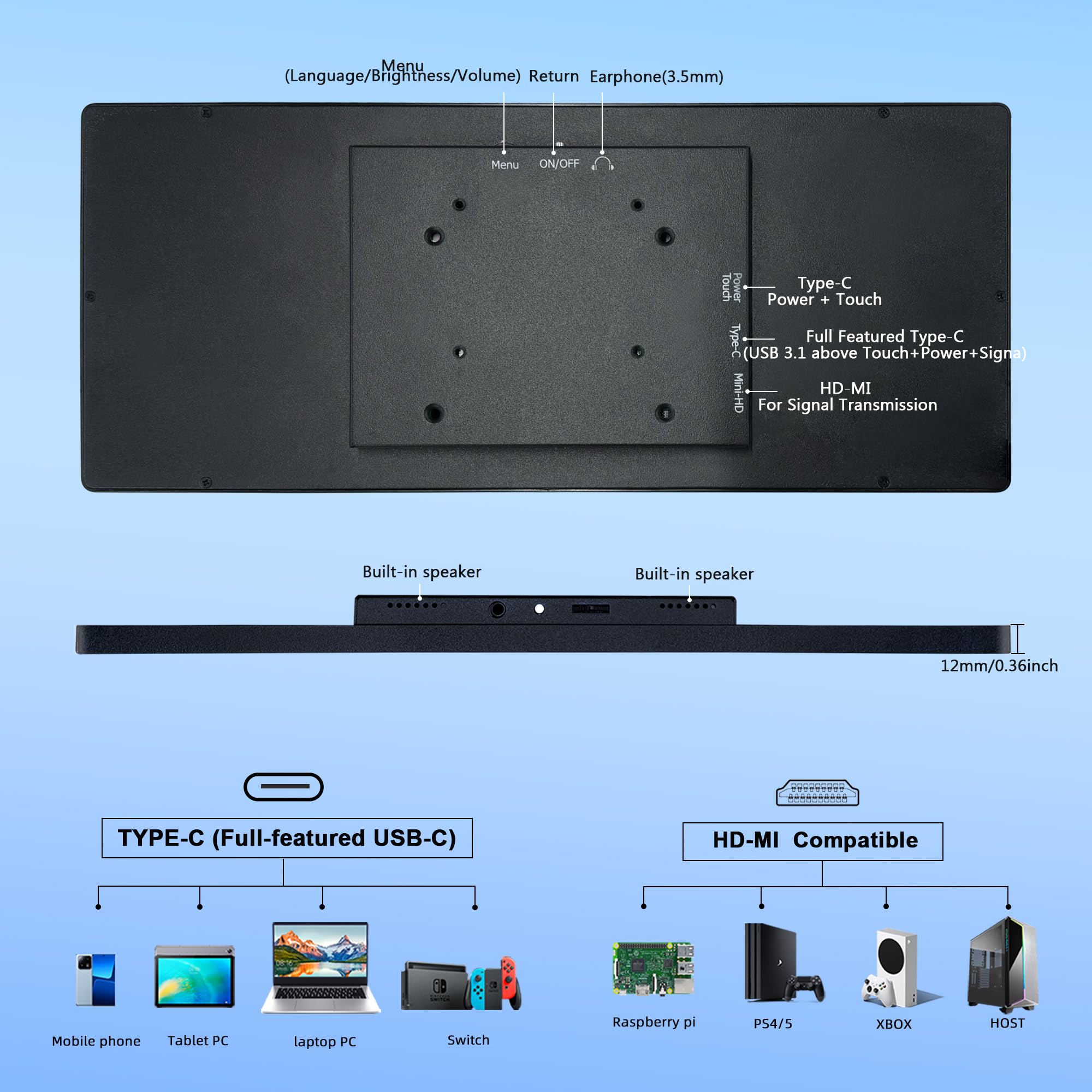 wisecoco 12.3" Monitor táctil Minipantalla Secundaria portátil para Aida64