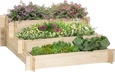 Outsunny 3-Tier Raised Garden Bed with 5 Compartments and Bed Liner, Elevated Wooded Wooden Planter Kit, for Vegetables, Herbs, Outdoor Plants, 37 x 37 x 14in, Natural