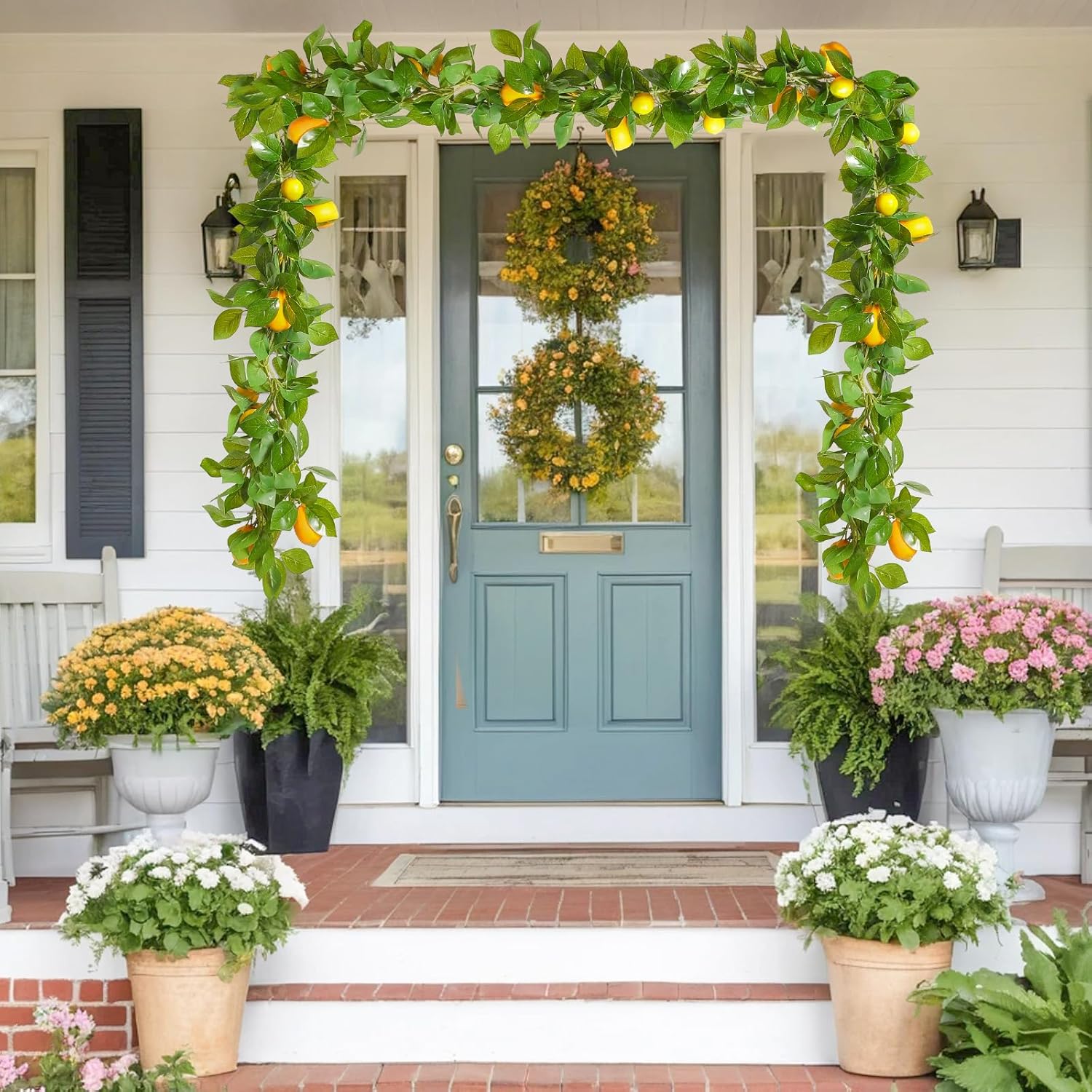 Artificial Lemon Vine Garland, 3 Strands 5.9FT Bendable Faux Vines with Lemons Fruits, Optional LED Lights Fake Hanging Plants for Garden Party Christmas Wedding Decor Without LED