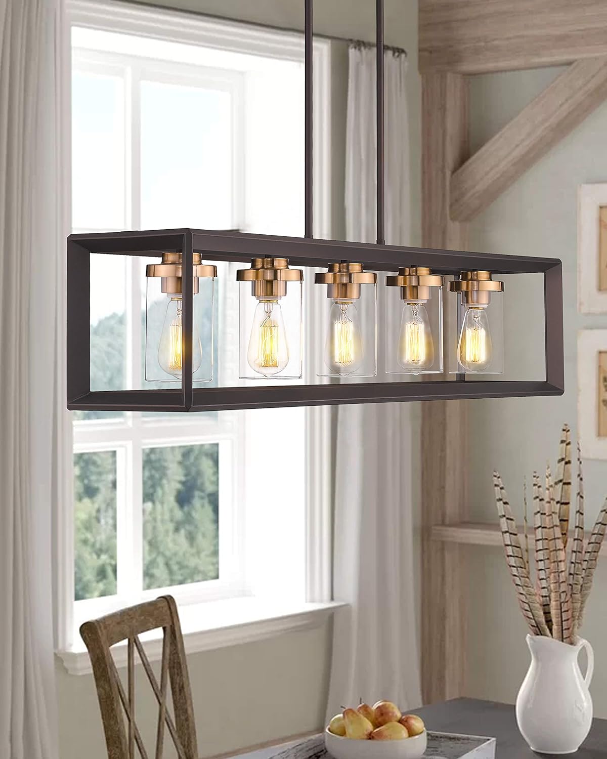 Flash Deals - 70% OFF Zeyu 5-Light Kitchen Island Lighting, Modern Linear Pendant Light Fixture, Oil Rubbed Bronze and Gold Finish with Clear Glass, 013-5 ORB+BG