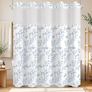 Boho Floral No Hook Shower Curtain with Snap in Liner Set 71x74 in