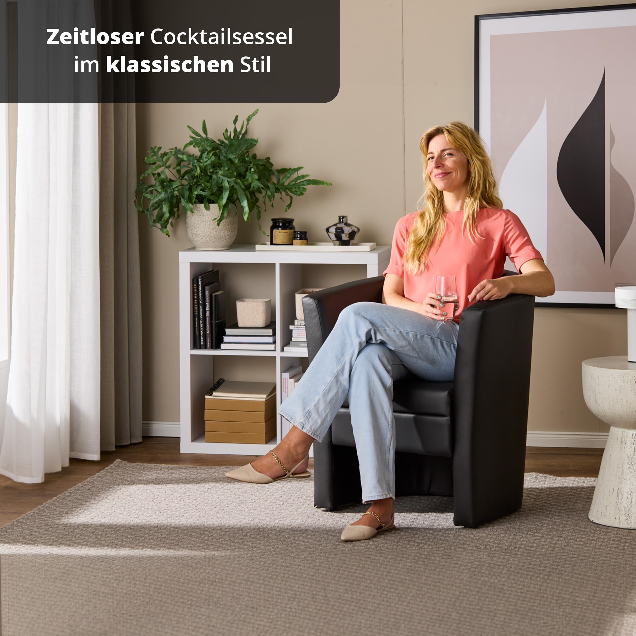 KHG Cocktailsessel Schwarz - Kunstleder, 73x78x60 cm, Sitzhöhe 42cm, Sitzbreite 46cm, Schaumpolsterung, Schlichtes & Zeitloses Design, ideal für Wohnzimmer, Leseecke, Gästezimmer, Bürosessel