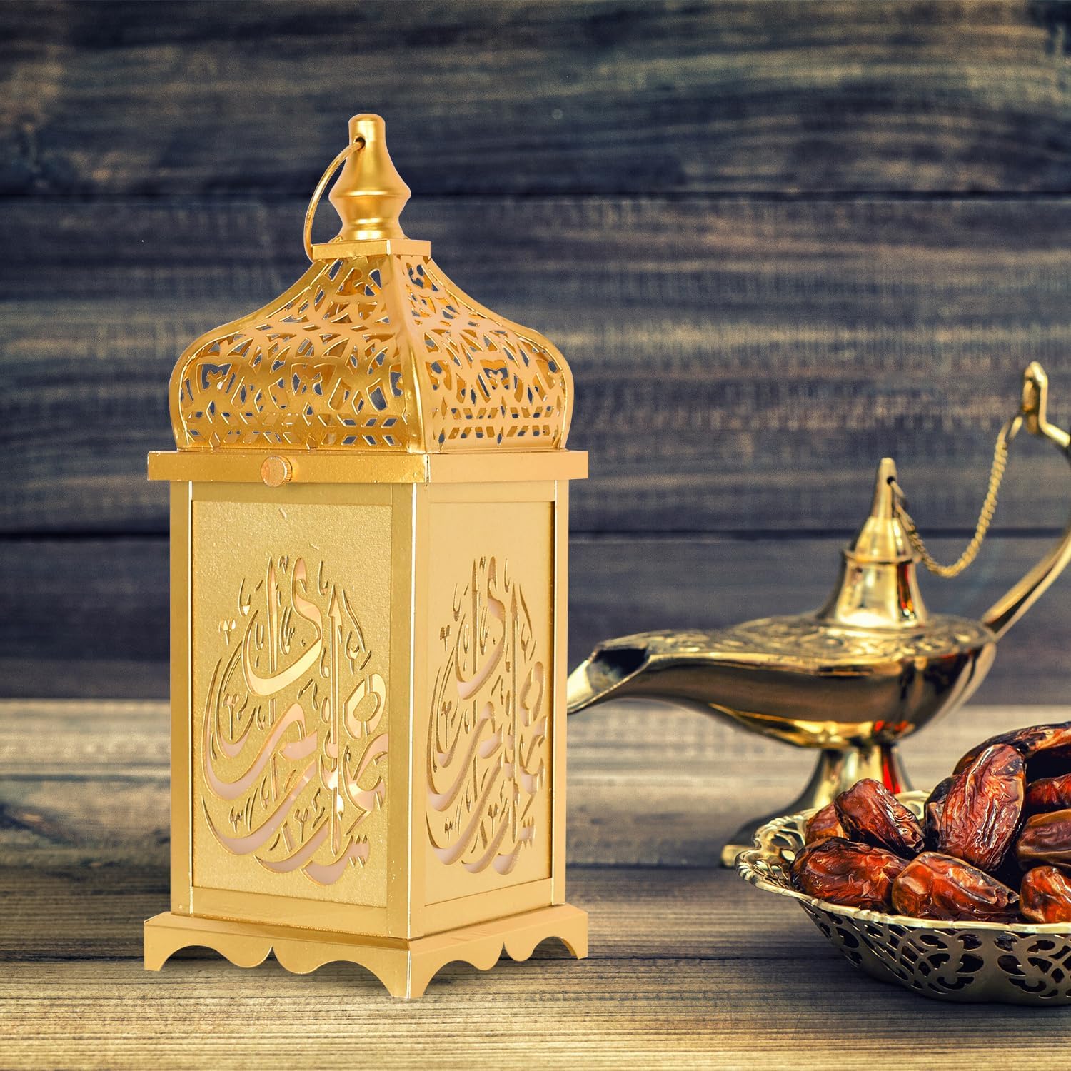 NEEDOMO Ramadan Decorations,14" LED Ramadan Lantern, Ramadan Decorations for Home, Vintage Gold Metal Candle Lantern with Lights, Remadan Decor for Table, Wall, Indoor Outdoor